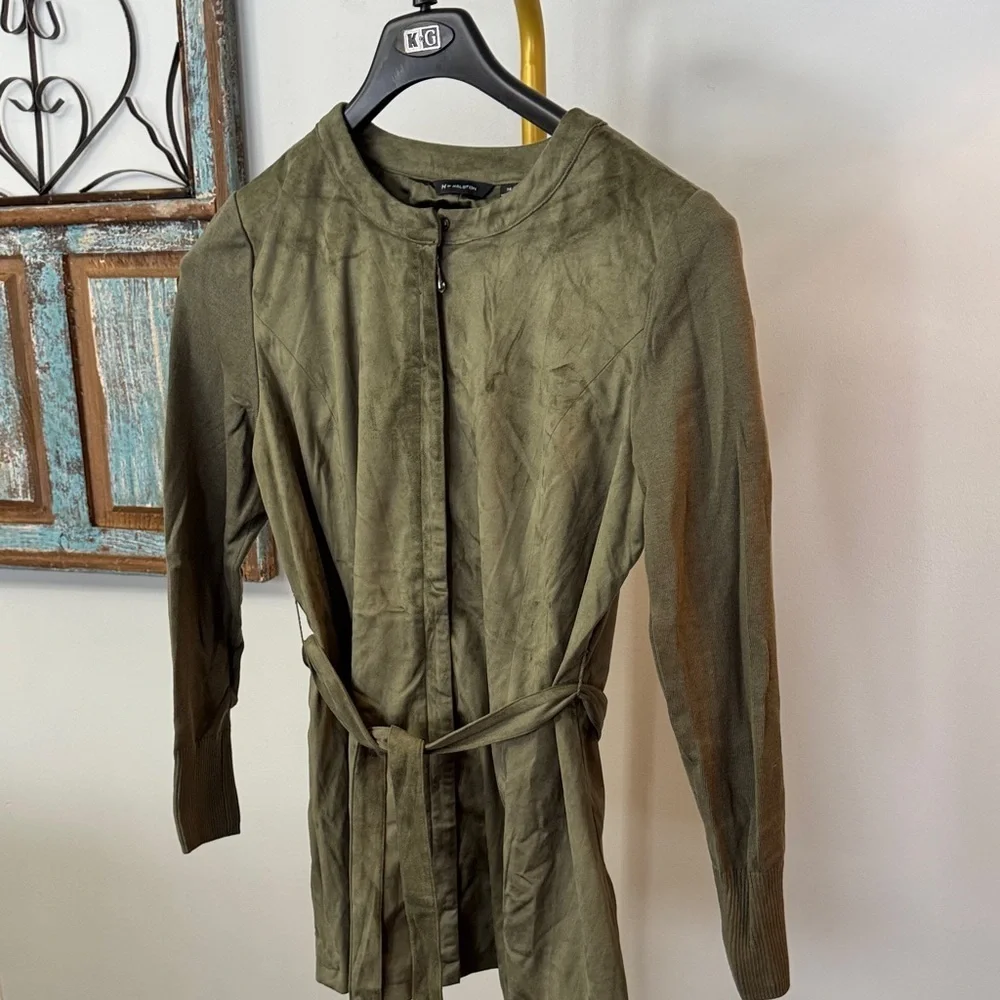 H by Halston Olive  faux suede Coat blazer with knit sleeves NWOT 14